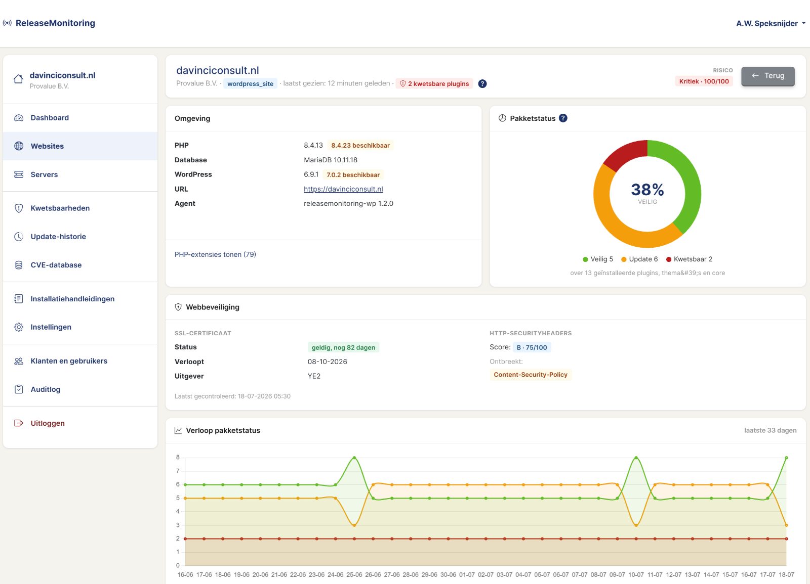 Websitedetail met pakketstatus